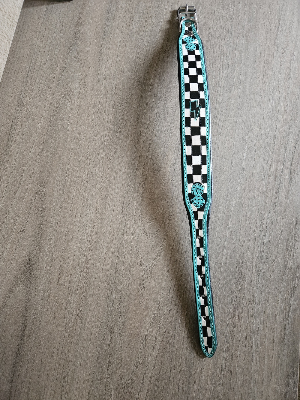 Checkerboard Lightening Bolts And Dice Dog Collar with Teal Trim - 14"-18"